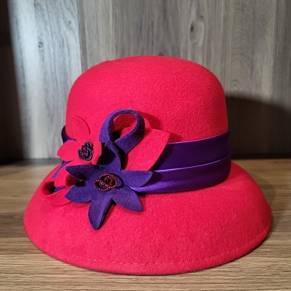 SS Something Special Red Purple Satin Rim Hat Floral 100% Wool Bold Bright